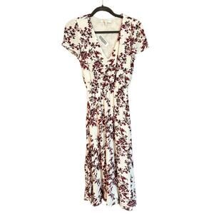 Wayf Short Sleeve Floral Cream Red V Neck Cap Sleeve Maxi Dress Size XS